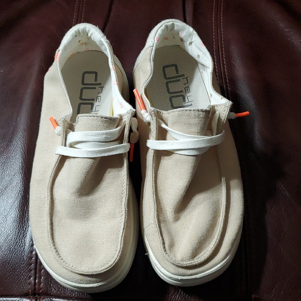 Hey Dude Tan Loafers with White Accents